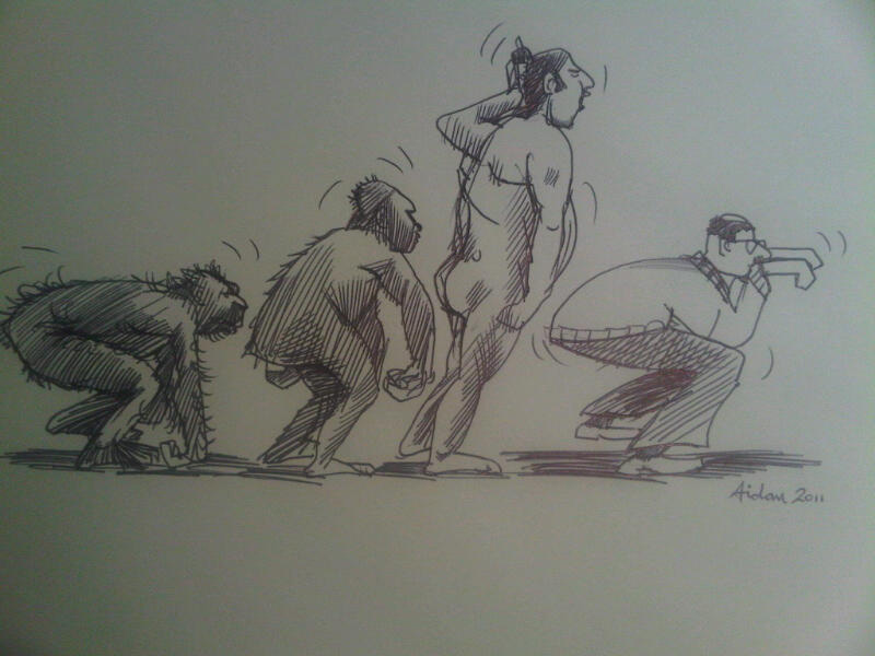TheProgressOfMan.jpg - Supplied by Aidan Bremner, Jan 2011.   Good New Year to you all. Here's my summary of the future. Recognise any of these ex-pupils? I think the hairy outfits more suiteable for the recent Edinburgh weather. (I blame Facebook)