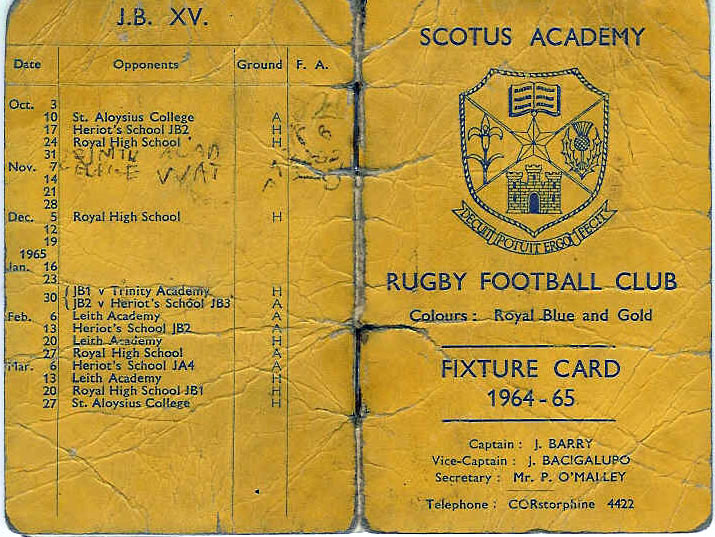 FixtureCard1.jpg - Rugby Fixture Card from season 1964-65.  Supplied by Joe Barry.